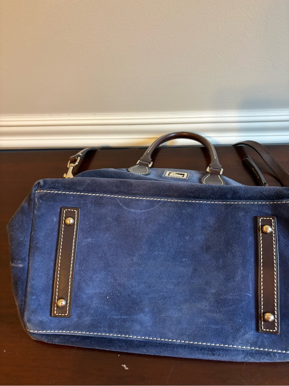 Dooney & Bourke Navy Suede Satchel with Brown Leather Trim - Picture 2 of 4